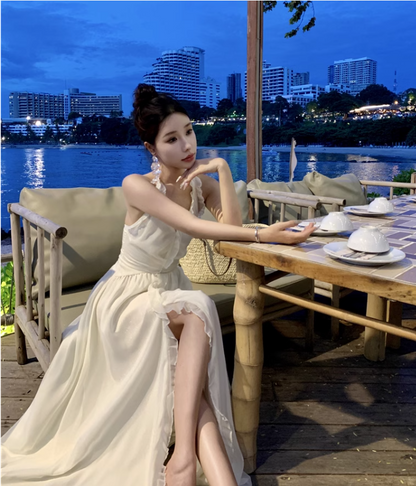 Elegant V-neck Design Beige Chiffon A-Line Beach Holiday Halter Dress TP3153