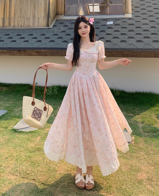 New Fashion Puffed Short Sleeve Design Pink A-line  Floral Dress TP3308