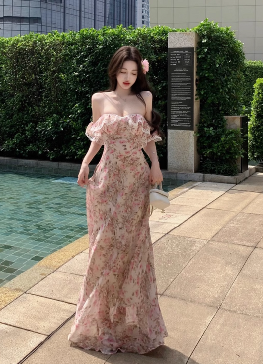 New Fashion Pink Floral Design Beach Holiday Long A-line Strapless Dress TP3311