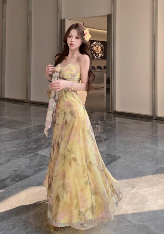 New Fashion Yellow Floral Design A-line Spaghetti Strap Dress TP3315
