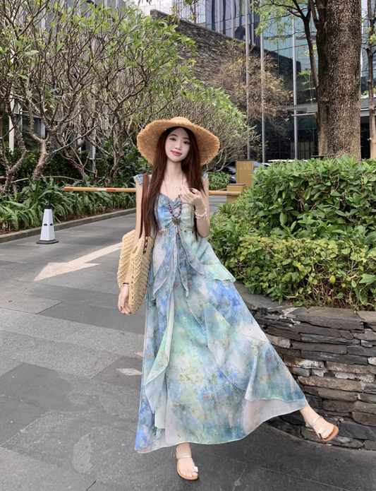 New Fashion Irregular Ruffled Dress Hem Design Beach Holiday A-line Sleeveless Floral Dress TP3320