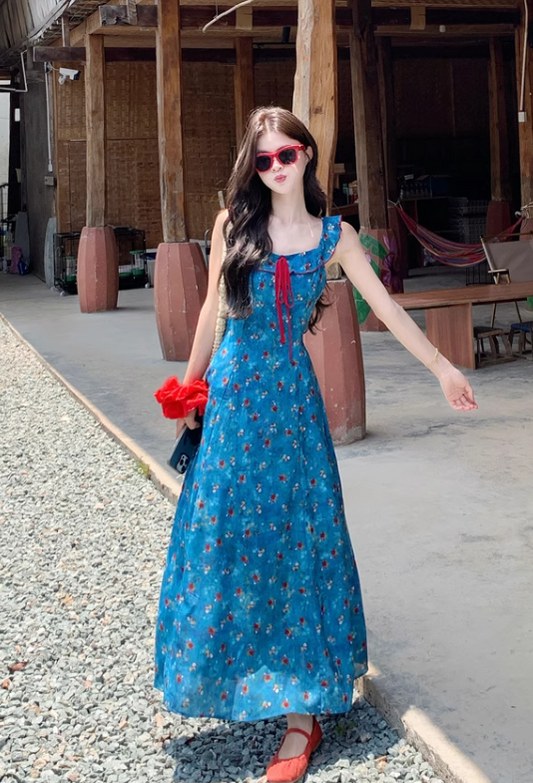 New Fashion Blue Floral Design A-line Square Collar Beach Holiday Sleeveless Dress TP3322