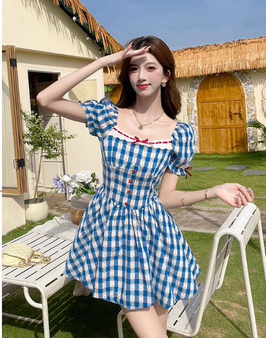 New Fashion Blue Plaid Design A-line Square Collar Short Sleeves Dress TP3324