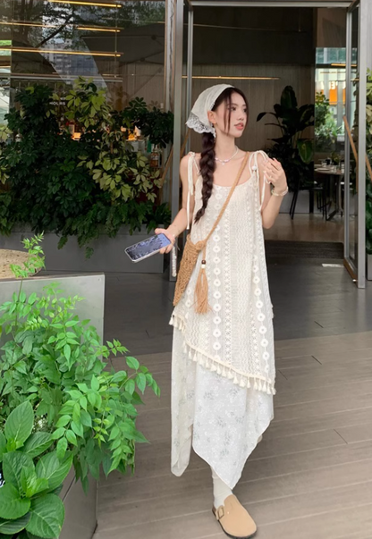 New Fashion Beige Floral Design A-line Beach Holiday Long Spaghetti Strap Dress TP3327