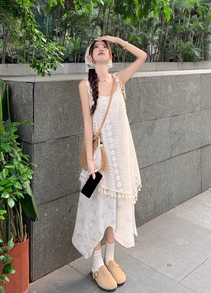 New Fashion Beige Floral Design A-line Beach Holiday Long Spaghetti Strap Dress TP3327