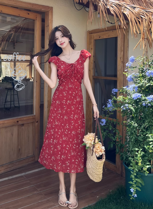 Simple Fashion Red Floral Design A-line Long High-waisted Dress TP3330