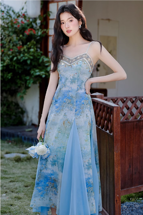 Vintage Fashion Blue Floral Print Design A-line Long High-waisted V-neck Spaghetti Strap Dress TP3332