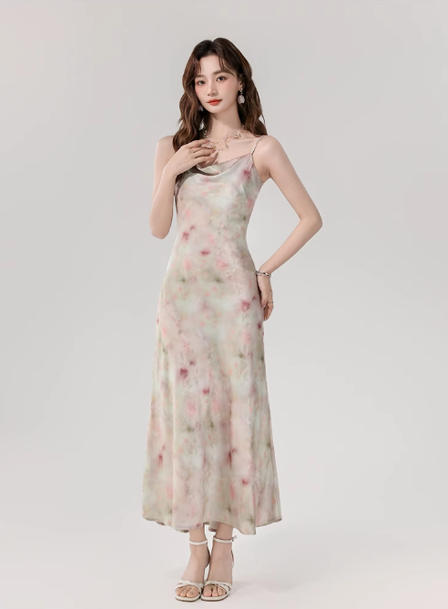 Vintage Fashion Floral Print Design A-line Long Spaghetti Strap Dress TP3333