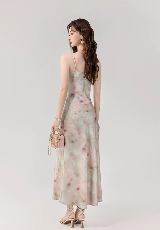 Vintage Fashion Floral Print Design A-line Long Spaghetti Strap Dress TP3333