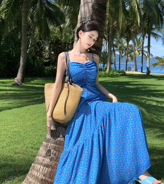 Simple Fashion Blue Floral Design A-line Long Spaghetti Strap Dress TP3334