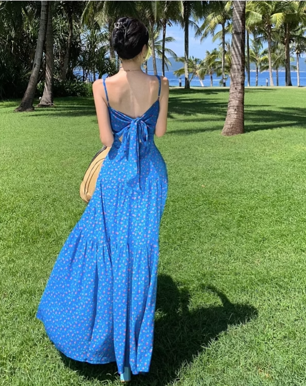 Simple Fashion Blue Floral Design A-line Long Spaghetti Strap Dress TP3334