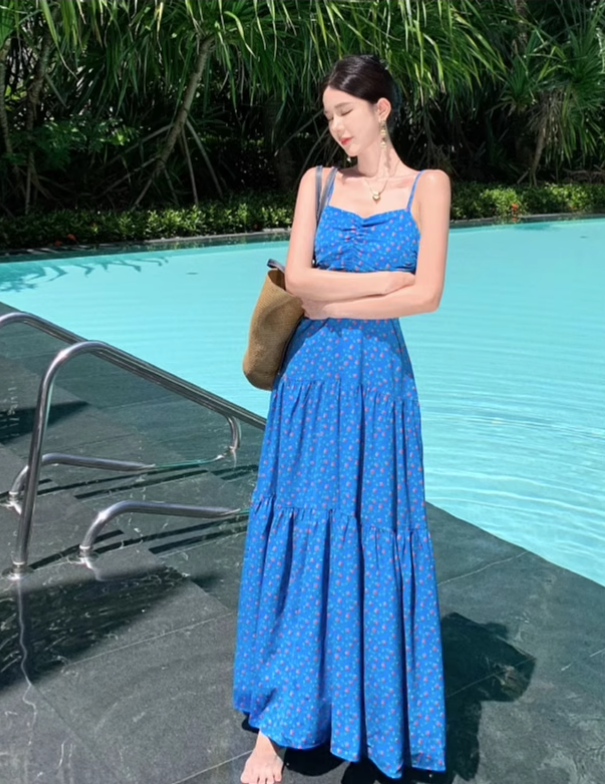 Simple Fashion Blue Floral Design A-line Long Spaghetti Strap Dress TP3334