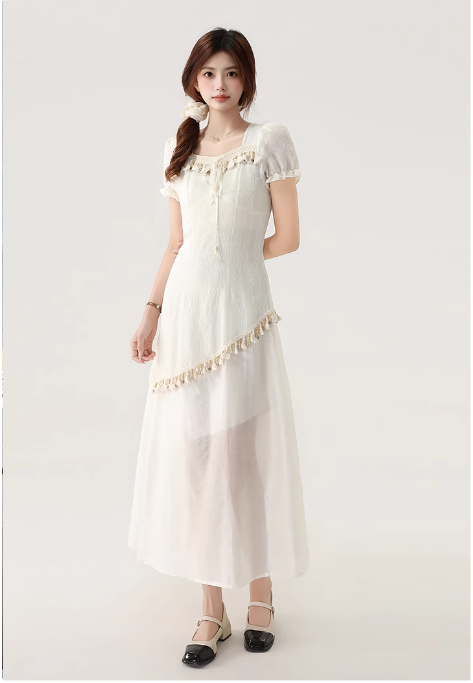 New Fashion Apricot Irregular Fringed Dress Hem Design A-line Square Collar Short-sleeved Dress TP3337