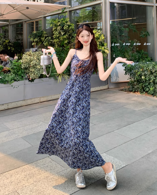 Vintage Fashion Navy Blue Floral Design A-line Long Spaghetti Strap Dress TP3338
