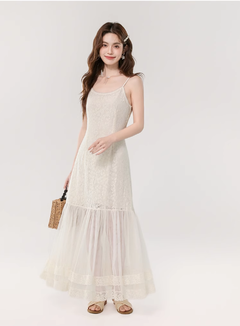 Vintage Fashion Apricot Mesh Design A-line Beach Holiday Spaghetti Strap Dress TP3348