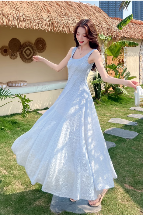 New Fashion Light Blue Mesh Lace Design A-line Beach Holiday Sleeveless Vest Dress TP3350