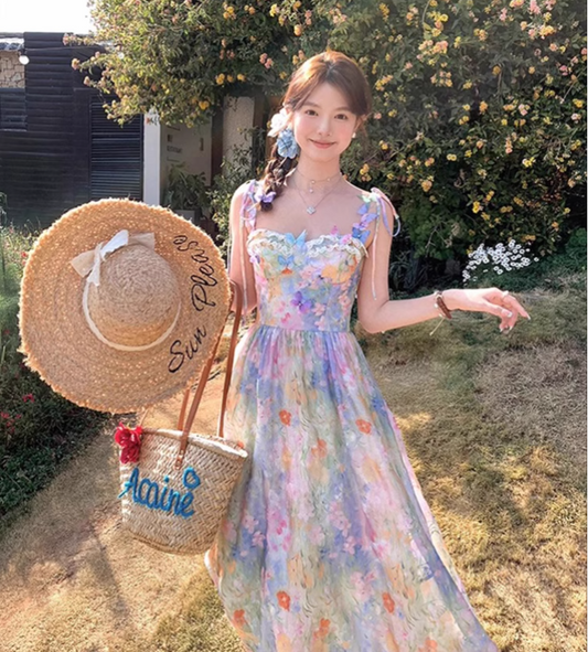 Vintage Fashion Floral Design Elegant Beach Holiday A-line Spaghetti Strap Dress TP3357