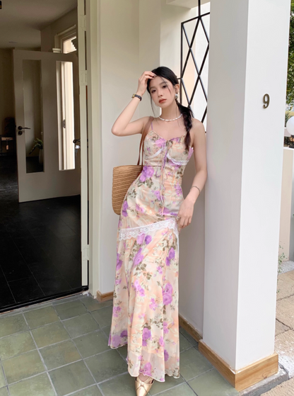 Retro Fashion Purple Flora Design Beach Holiday A-line Spaghetti Strap Dress TP3368