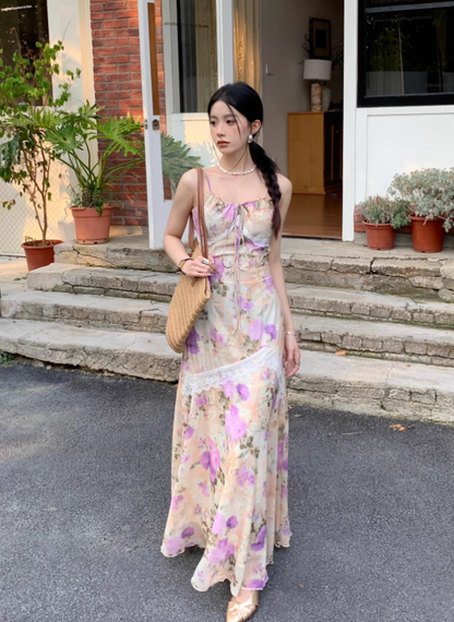 Retro Fashion Purple Flora Design Beach Holiday A-line Spaghetti Strap Dress TP3368