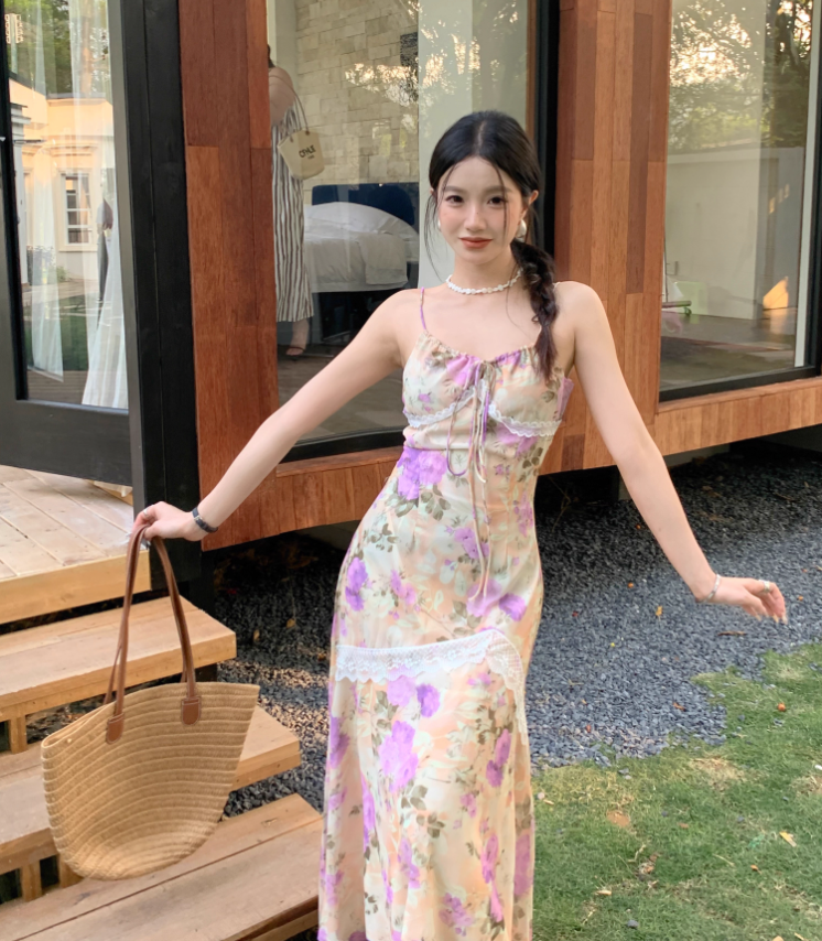 Retro Fashion Purple Flora Design Beach Holiday A-line Spaghetti Strap Dress TP3368