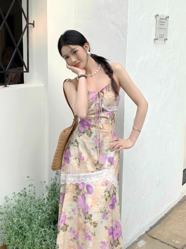 Retro Fashion Purple Flora Design Beach Holiday A-line Spaghetti Strap Dress TP3368