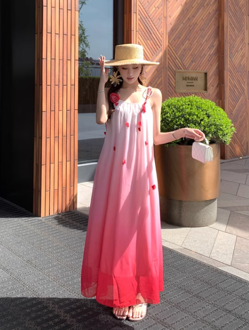 New Fashion Gradient Pink Design Beach Holiday A-line Spaghetti Strap Dress TP3370