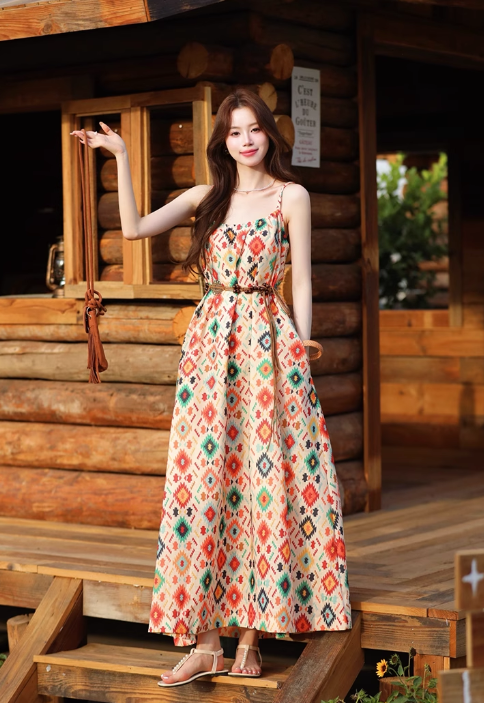Vintage Fashion Floral Print Design Beach Holiday A-line with Belt Spaghetti Strap Dress TP3372