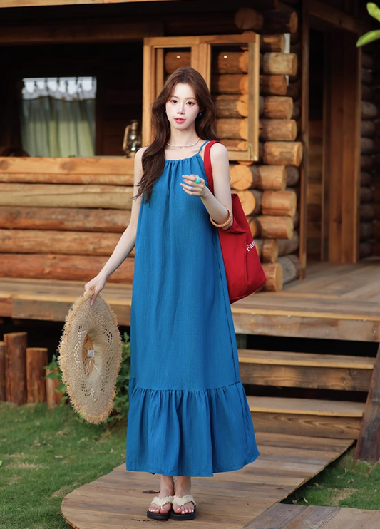 New Fashion Blue Simple Design Beach Holiday A-line with Belt Spaghetti Strap Dress TP3373