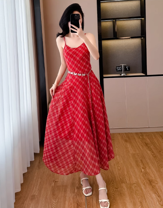 Retro Fashion Red Plaid Design Beach Holiday A-line with Belt Spaghetti Strap Dress TP3377