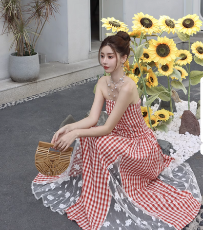 New Fashion Red Plaid Lace Patchwork Design Beach Holiday A-line Sleeveless Strapless Dress TP3378