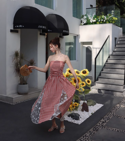 New Fashion Red Plaid Lace Patchwork Design Beach Holiday A-line Sleeveless Strapless Dress TP3378