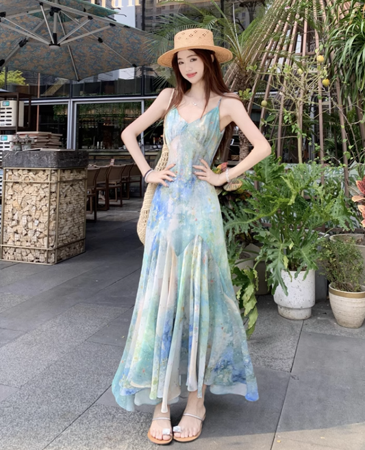 Simple Fashion Floral Design A-line Beach Holiday Spaghetti Strap Dress TP3382