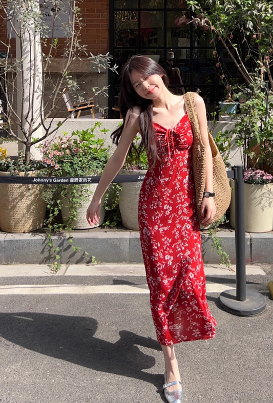 New Fashion Red Floral Design A-line Beach Holiday Spaghetti Strap Dress TP3383