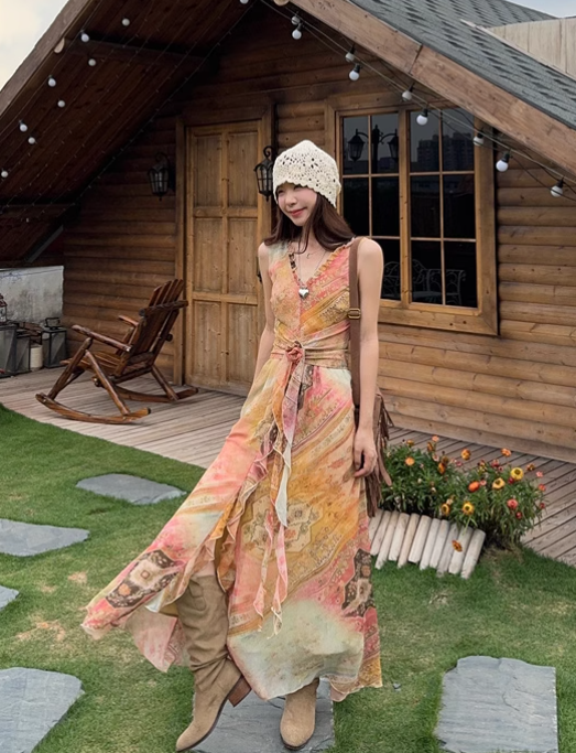 Vintage Fashion Chiffon Floral Printed Design A-line Beach Holiday Vest Dress TP3386