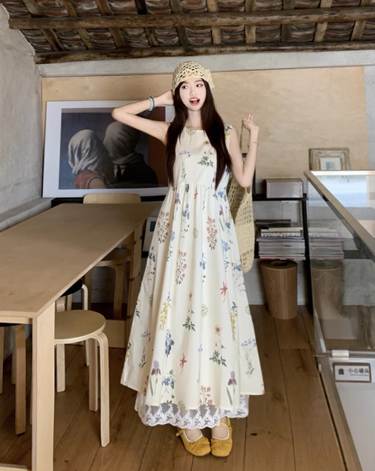 Vintage Fashion Floral Printed Design A-line Beach Holiday Vest Dress TP3388