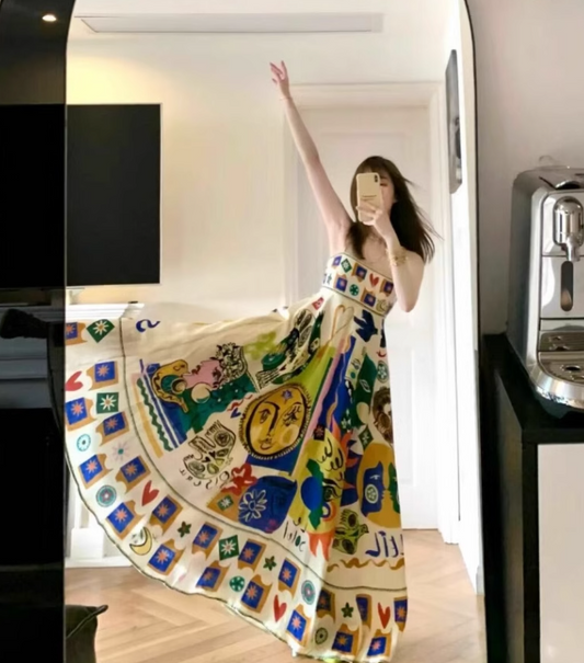 New Fashion Colorful Print Design Beach Holiday Spaghetti Strap Dress TP3437