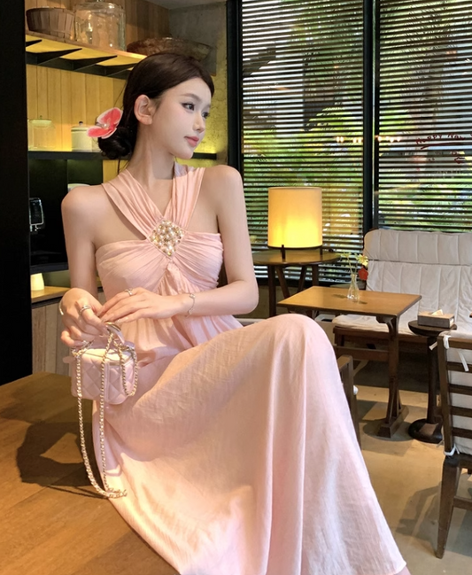 New Fashion Pearl Sequined Design A-line Sleeveless Beach Holiday Halter Dress TP3438