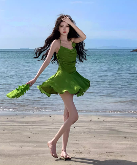 New Fashion Green Ruffled Hem Design A-line Beach Holiday Spaghetti Strap Dress TP3497