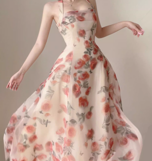 Vintage Pink Floral Design A-line Sleeveless Beach Holiday Halter Dress TP3498