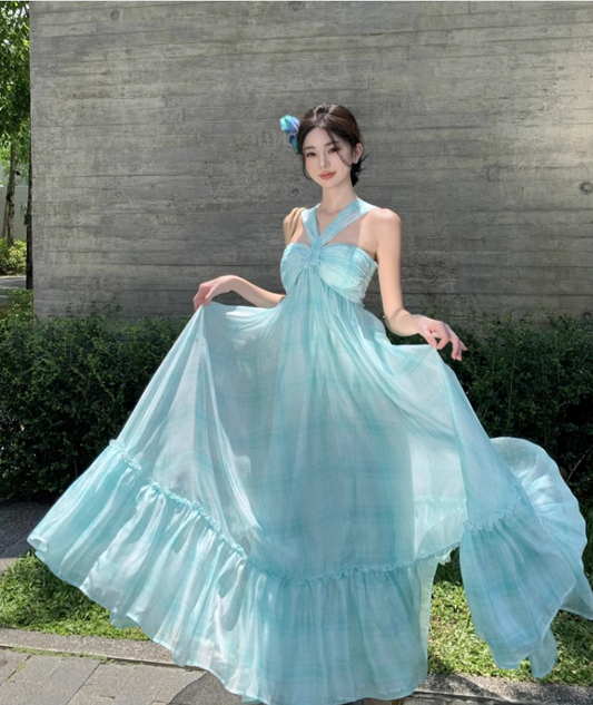 Simple Fashion Mint Green Ruffled Hem Design A-line Beach Holiday Halter Dress TP3525
