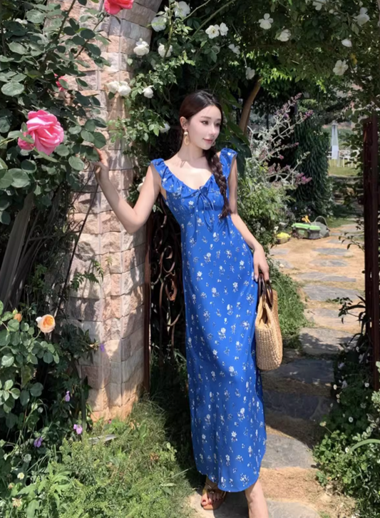 New Fashion Navy Blue Floral Design Elegant Beach Holiday A-line Sleeveless Women Dress TP3528