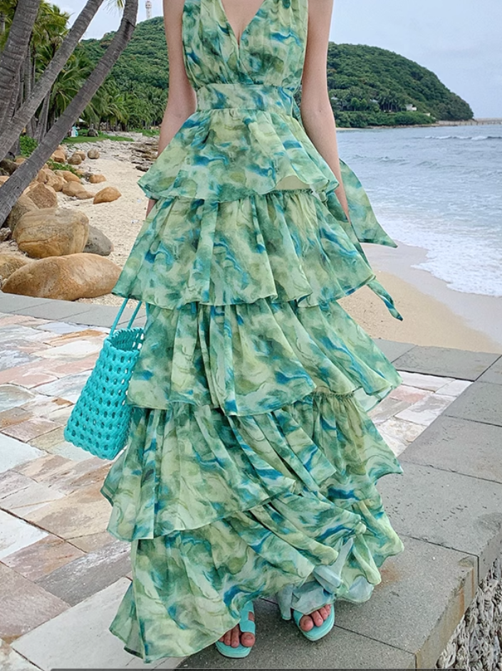 New Fashion Green Floral Design A-line V-neck Beach Holiday Tiered Halter Dress TP3536