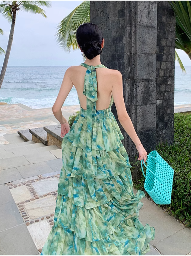 New Fashion Green Floral Design A-line V-neck Beach Holiday Tiered Halter Dress TP3536