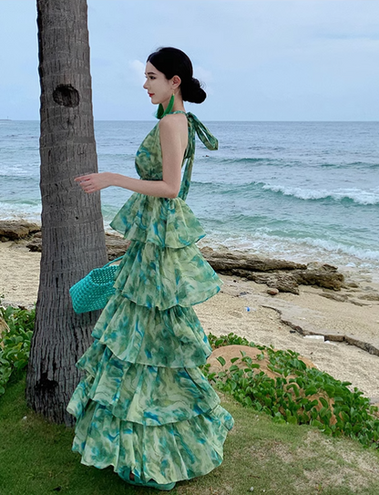 New Fashion Green Floral Design A-line V-neck Beach Holiday Tiered Halter Dress TP3536