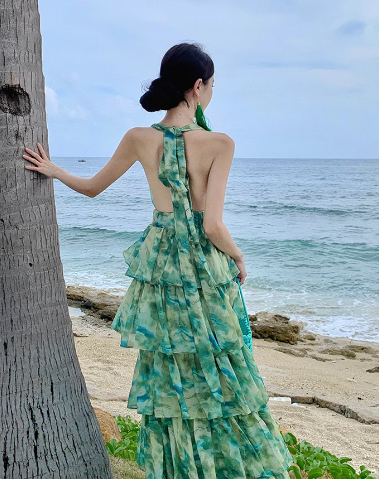 New Fashion Green Floral Design A-line V-neck Beach Holiday Tiered Halter Dress TP3536