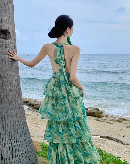 New Fashion Green Floral Design A-line V-neck Beach Holiday Tiered Halter Dress TP3536