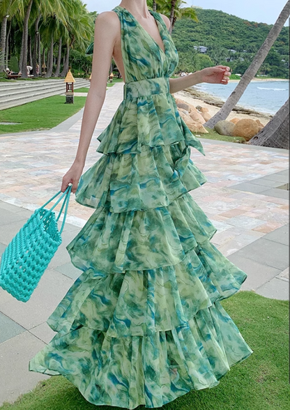 New Fashion Green Floral Design A-line V-neck Beach Holiday Tiered Halter Dress TP3536