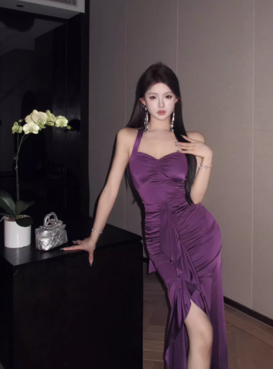 Vintage Purple Sweetheart Pleated Design Prom Dress A-line Halter Dress TP3575