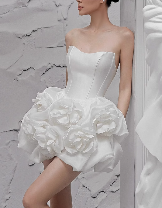 Vintage White 3D Flower A-line Satin Strapless Party Dresses Homecoming Dresses, TP3787