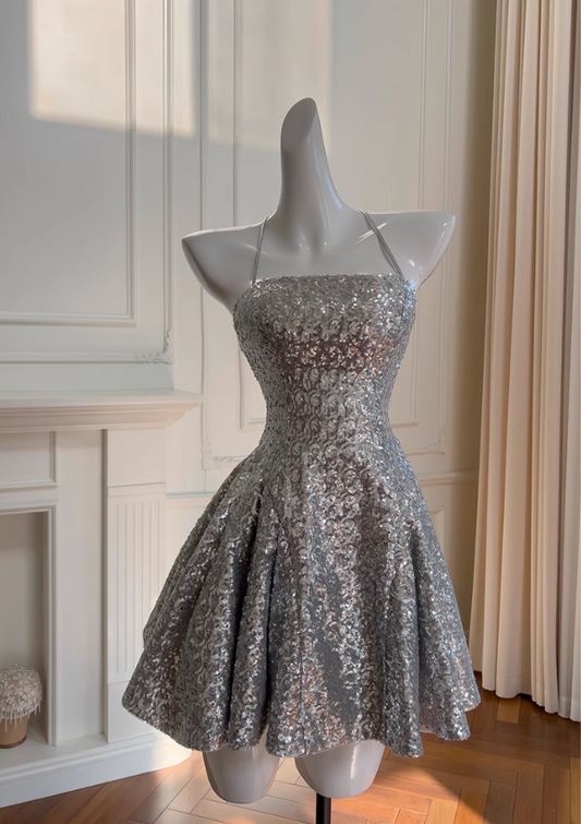 Fashion Silvery Spaghetti Strap A-line Sequin Party Dresses Homecoming Dresses, TP3788